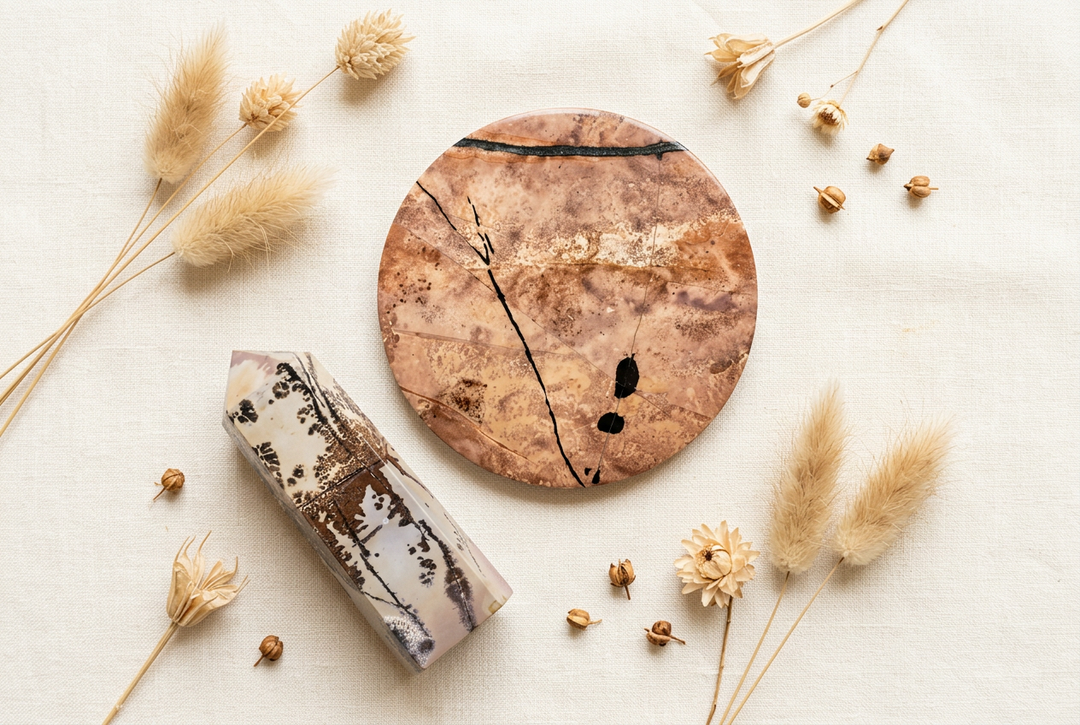 Picture jasper round polished slab and pointed tower with landscape-like patterns on warm cream linen with dried botanicals.