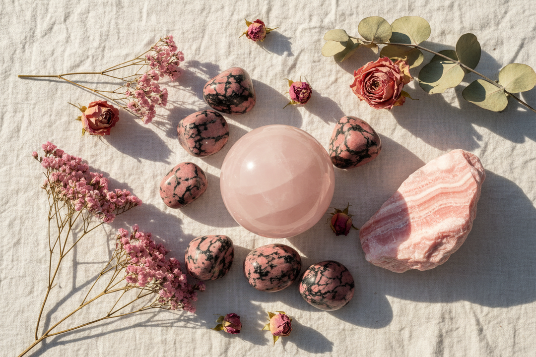 Pink crystals including Rose Quartz, Rhodonite, and Rhodochrosite arranged on white linen with dried flowers