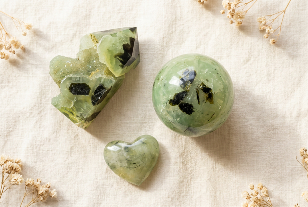 Prehnite druzy tower, polished sphere and heart with dark epidote inclusions on warm cream linen with dried botanicals.