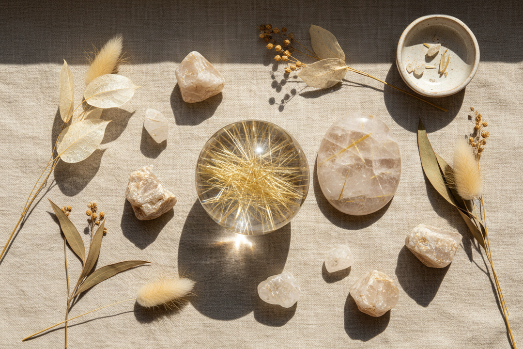 Golden rutilated quartz sphere and palm stone on a warm linen surface with soft natural light, showcasing the stone's signature gold needle inclusions.