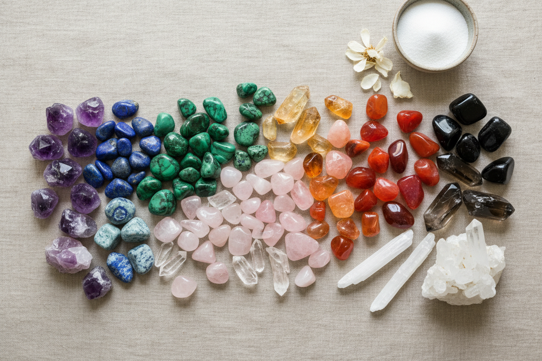 A rainbow spectrum of crystals arranged by color on a warm linen surface — amethyst, lapis lazuli, malachite, rose quartz, citrine, carnelian, obsidian, and selenite in soft natural light.