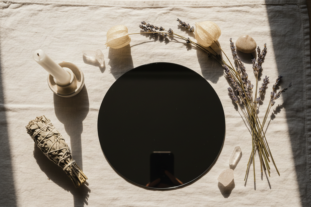 Polished black obsidian scrying mirror on white linen with candle and dried botanicals