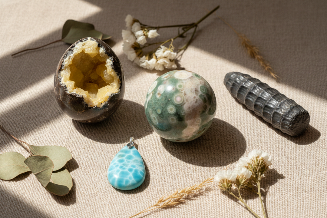 A flat lay of sea sediment crystals including an Ocean Jasper sphere, Septarian dragon stone egg, Larimar pendant, and Orthoceras fossil on a warm linen surface with soft natural light.