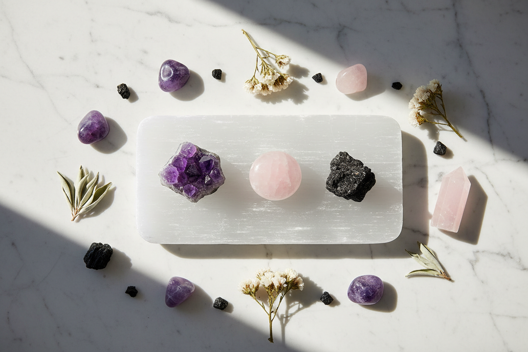 Rectangular white selenite charging plate holding amethyst, rose quartz, and black tourmaline crystals on marble.