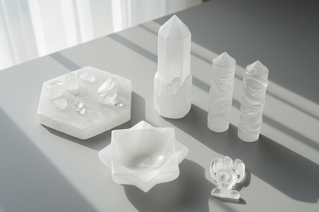 A styled flat lay of five selenite crystals including a tower, hexagonal charging plate, bowl, hand-carved dragon and phoenix tower, and fire dragon carving, arranged on a neutral grey surface with soft natural light.