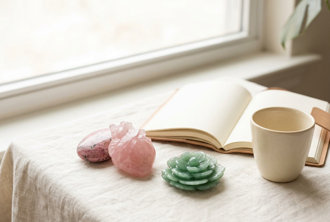 Rose Quartz heart, Rhodonite palm stone, and Green Aventurine flower beside an open journal on ivory linen.