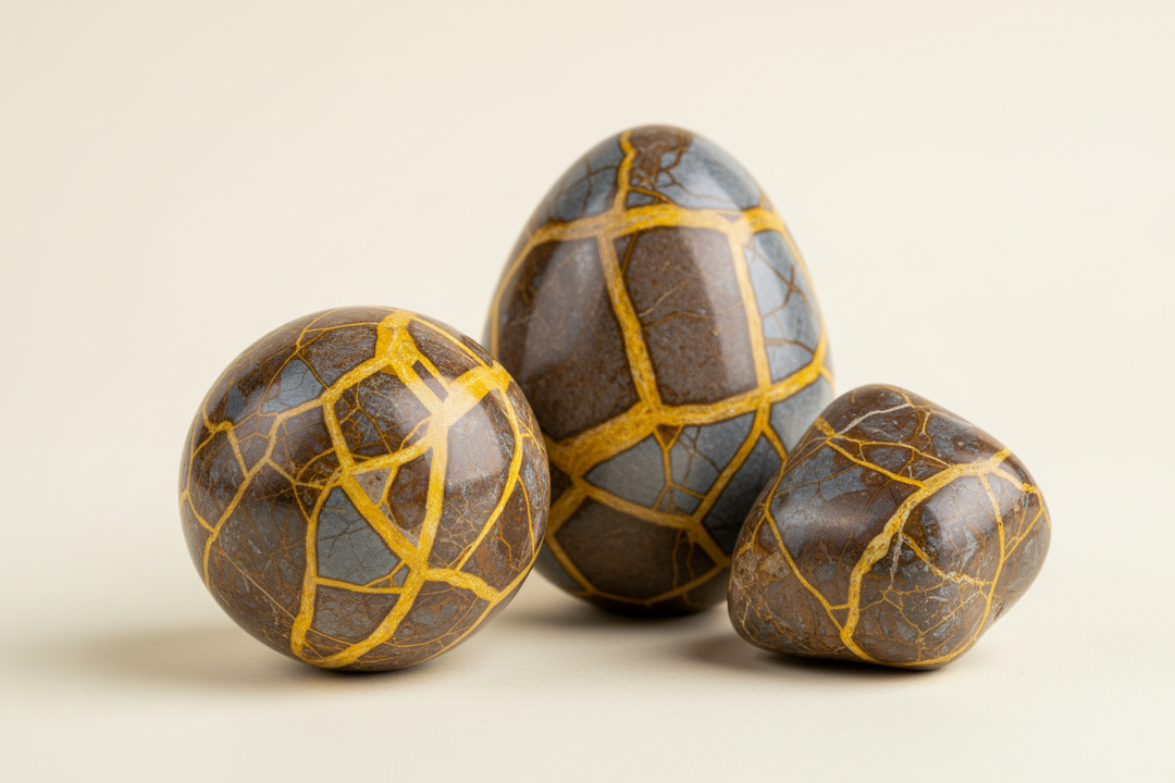 Three polished Septarian Dragon Stones: a sphere, an egg, and a freeform, showcasing their unique brown and yellow patterns.
