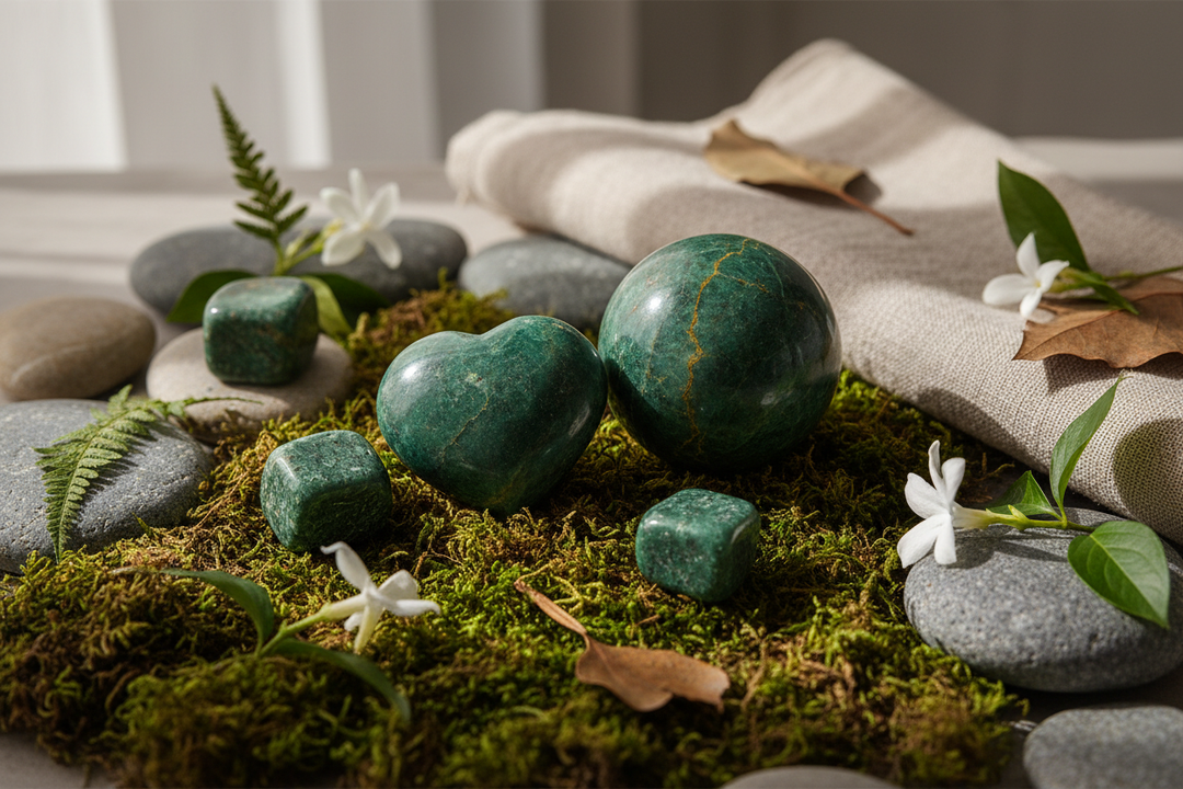 Green serpentine crystals: a heart, sphere, and cubes, nestled in moss with river stones and white flowers.