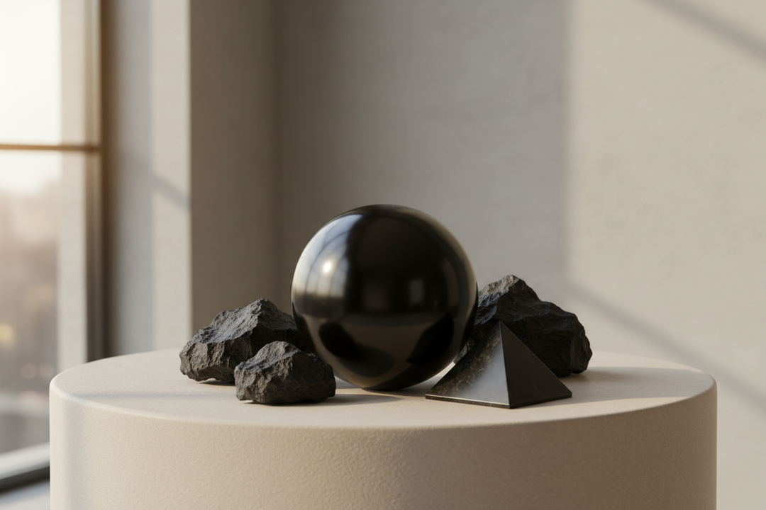 Polished black shungite sphere, raw shungite stones, and a shungite pyramid on a light pedestal.