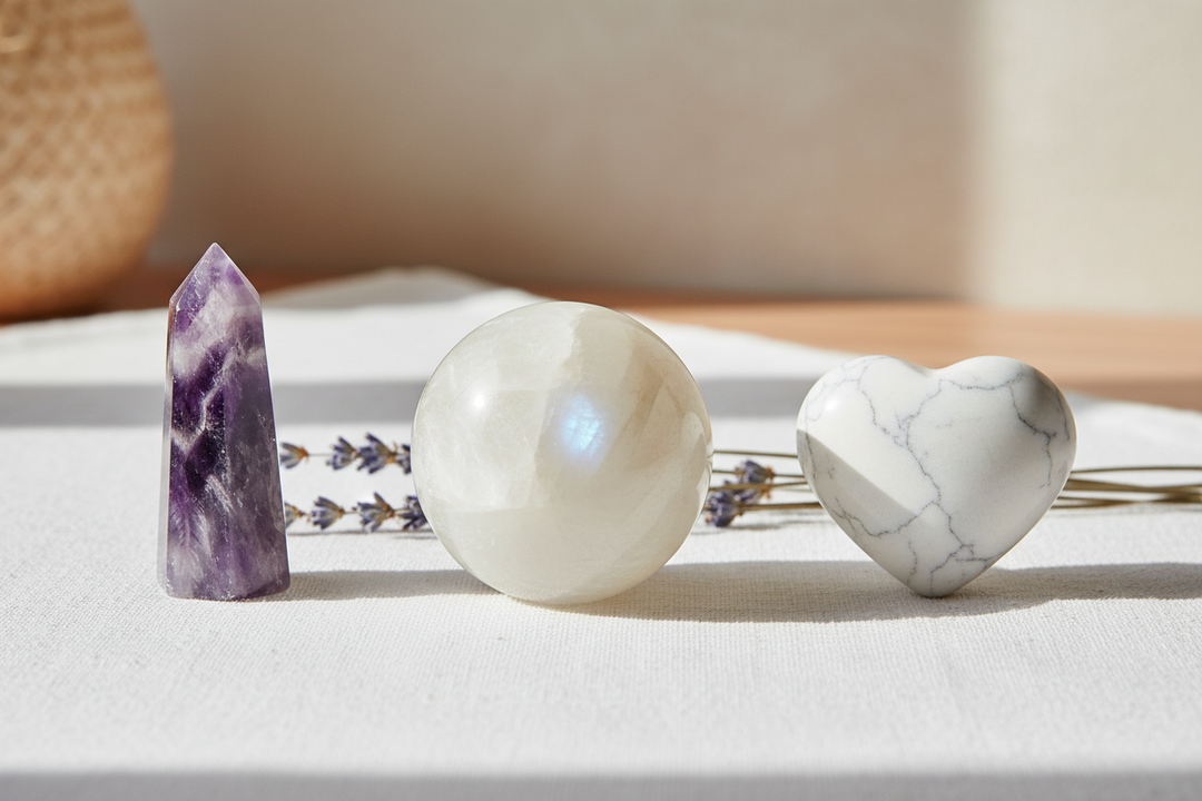 Amethyst tower, Moonstone sphere, and Howlite heart arranged on white linen with dried lavender — crystals for sleep and relaxation
