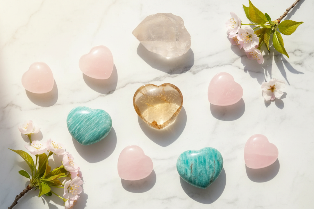 Rose quartz, amazonite, and citrine heart crystals with cherry blossoms on marble, by Crystal Destiny.