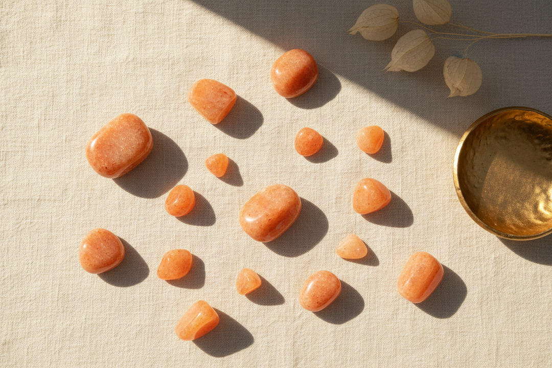 Orange and peach sunstone palm stones and tumbles arranged on white linen with warm golden morning light, dried botanicals, and a gold dish