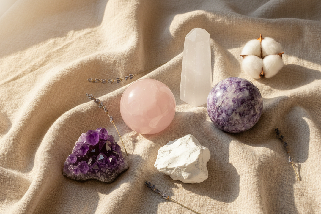 Rose quartz, lepidolite, howlite, selenite, and amethyst crystals arranged on soft linen in natural light for Friday calm and weekend wellness