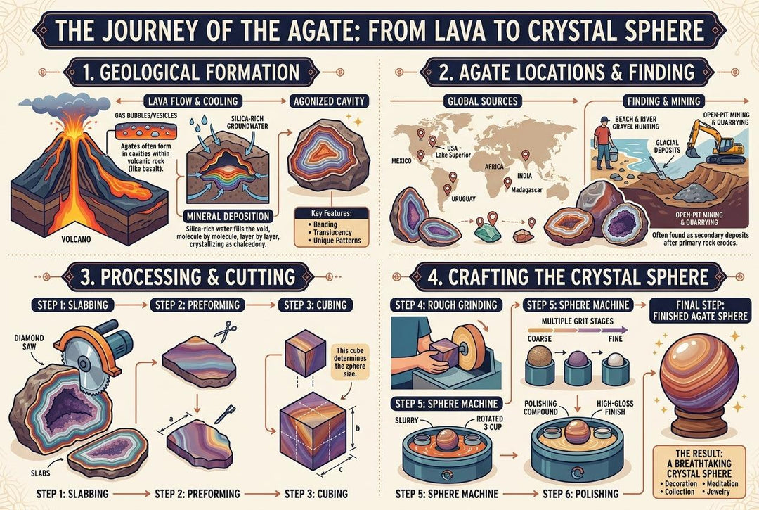 Infographic detailing agate formation from volcanic lava to a polished crystal sphere, highlighting Crystal Destiny's journey.