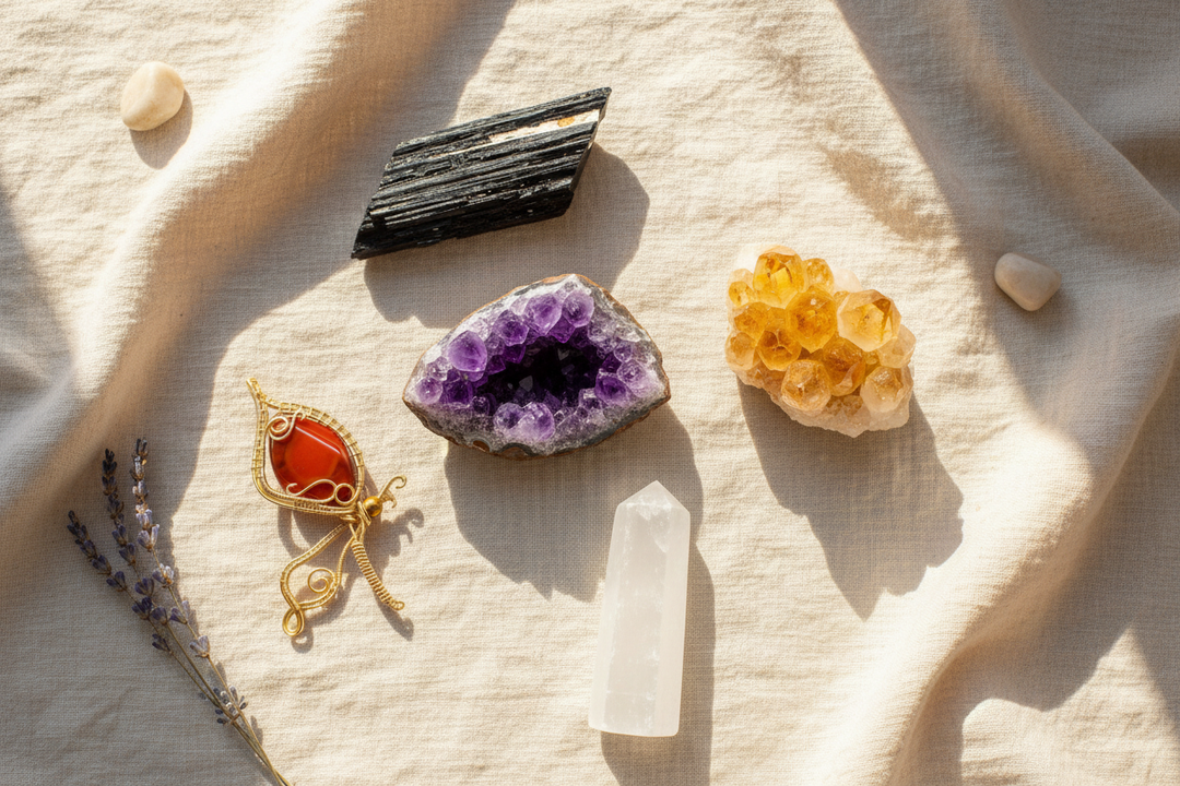 Amethyst, citrine, black tourmaline, selenite, and carnelian crystals arranged on soft linen in natural light for stress relief and energy