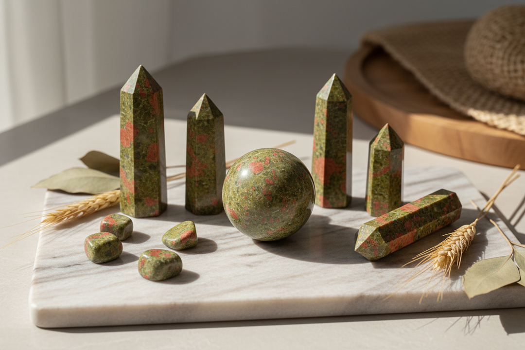 Unakite crystal collection: sphere, towers, and tumbled stones on marble, symbolizing vision and healing from Crystal Destiny.