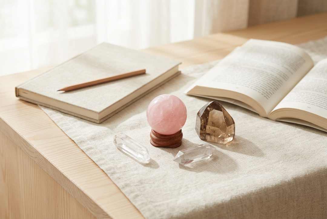 Rose Quartz, Smoky Quartz, and Clear Quartz arranged beside a book and journal in soft natural light