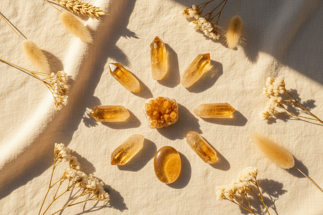 Golden Citrine crystals including raw points, a polished palm stone, and a small cluster arranged on warm cream linen with dried botanicals, bathed in soft morning light.