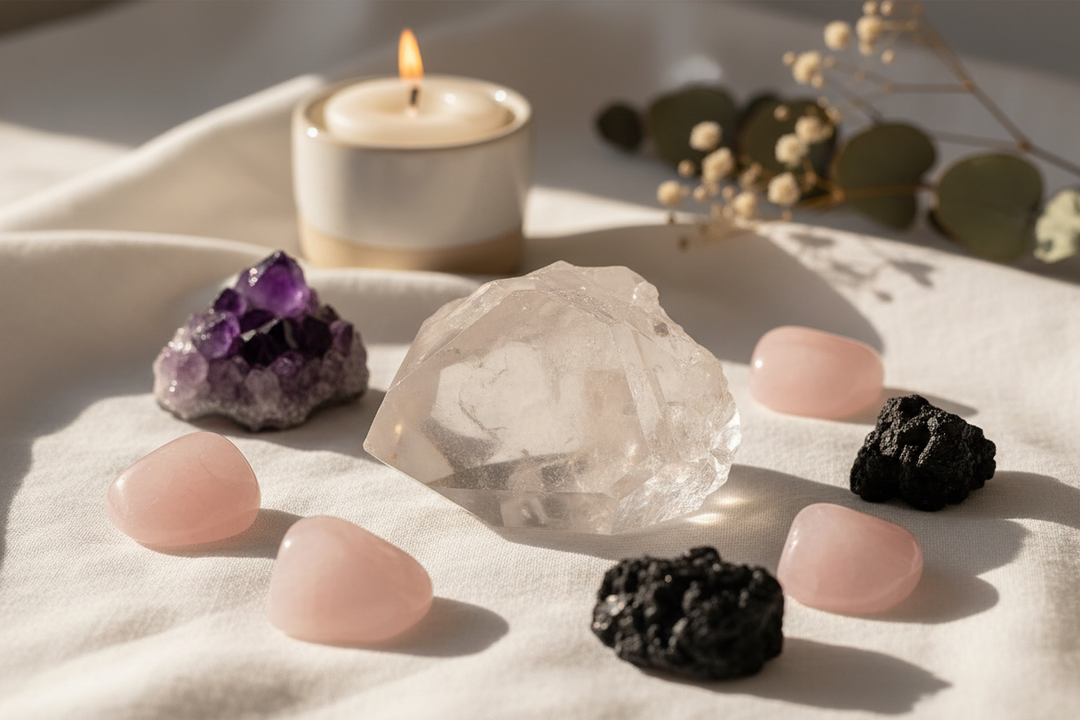 Clear Quartz point surrounded by Amethyst, Rose Quartz, and Black Tourmaline on white linen with soft natural light and dried botanicals