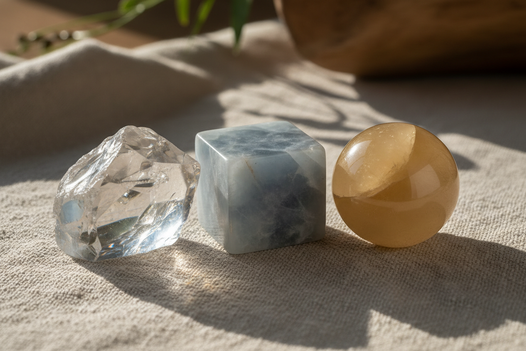 Three diverse calcite crystals: clear raw, blue cube, and yellow sphere, showcasing variety for Crystal Destiny.