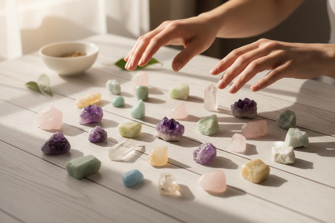 Hands arranging various raw healing crystals on a white table, showcasing Crystal Destiny's premium selection.