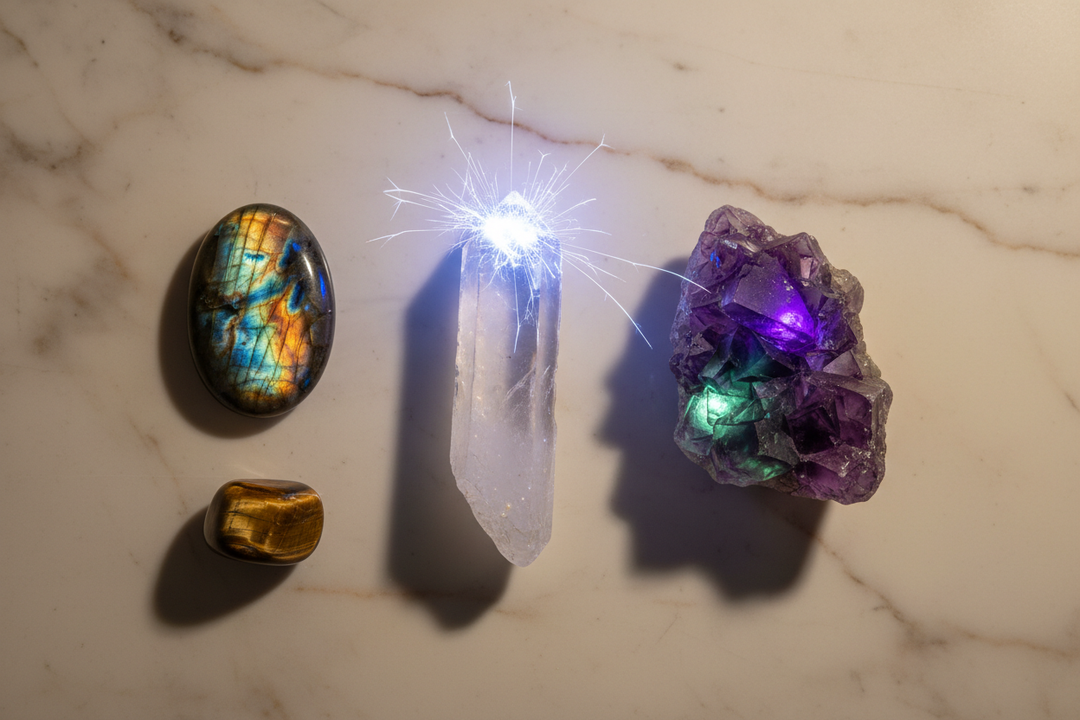 Clear quartz, fluorite, labradorite, and tiger's eye crystals arranged on marble surface showing their unique optical and energetic properties, bright natural light