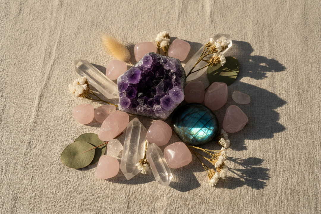 Assorted healing crystals including amethyst, rose quartz, clear quartz, and labradorite arranged on a neutral linen surface with warm natural light
