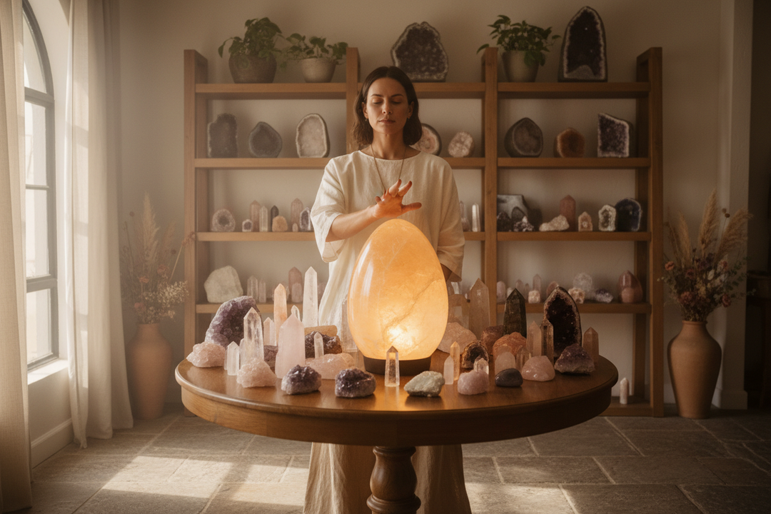 Woman meditating with closed eyes, hands over a glowing selenite crystal lamp, surrounded by various crystals.