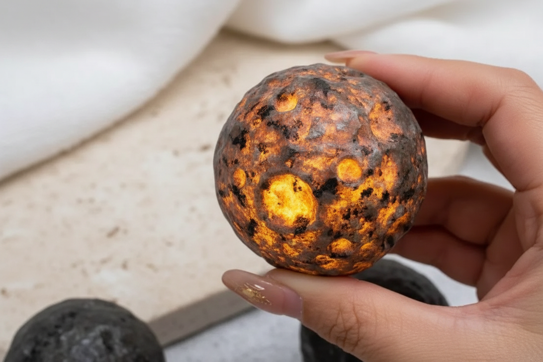 Hand holding a glowing Yooperlite sphere, showcasing its fiery orange and black patterns.
