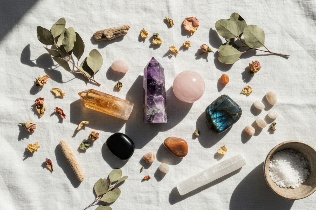 A flat lay of zodiac crystals on white linen including amethyst, rose quartz, citrine, labradorite, obsidian, moonstone, carnelian, and selenite, styled in a bright spa-inspired editorial composition.