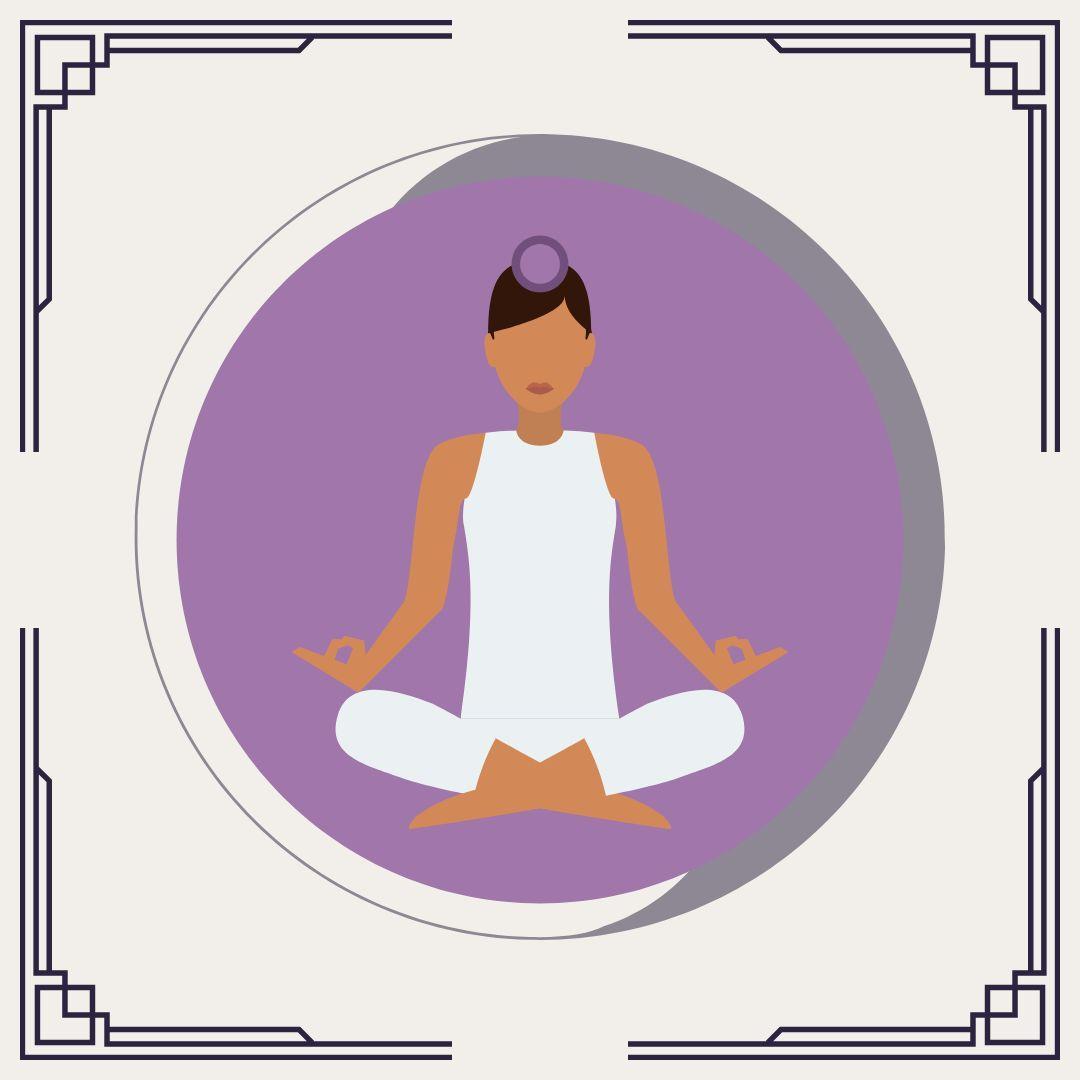 Woman meditating with crown chakra crystal on head in purple circle.