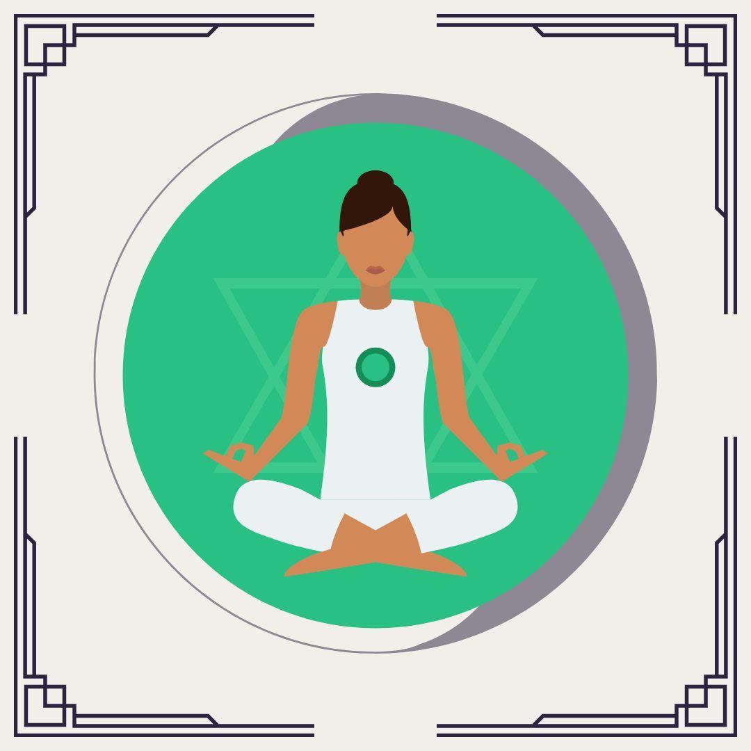 Woman meditating with green Heart Chakra symbol glowing on chest.