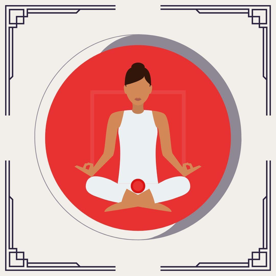 Woman meditating with red Root Chakra symbol at base of spine.