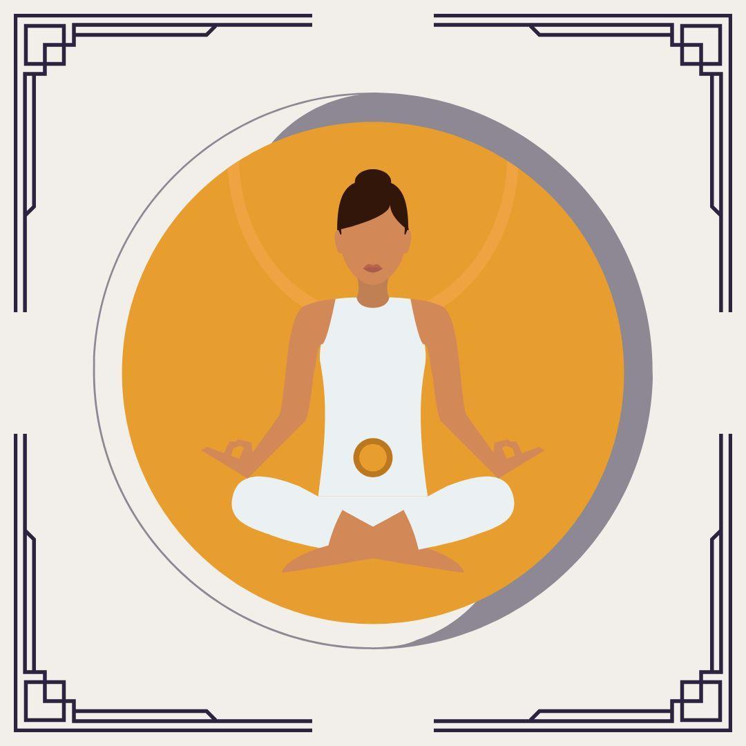 Woman meditating with glowing sacral chakra energy in orange circle.