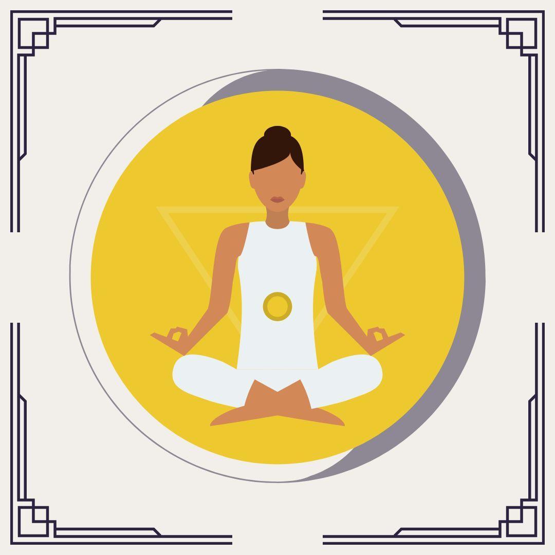 Woman meditating with Solar Plexus Chakra symbol in yellow circle.