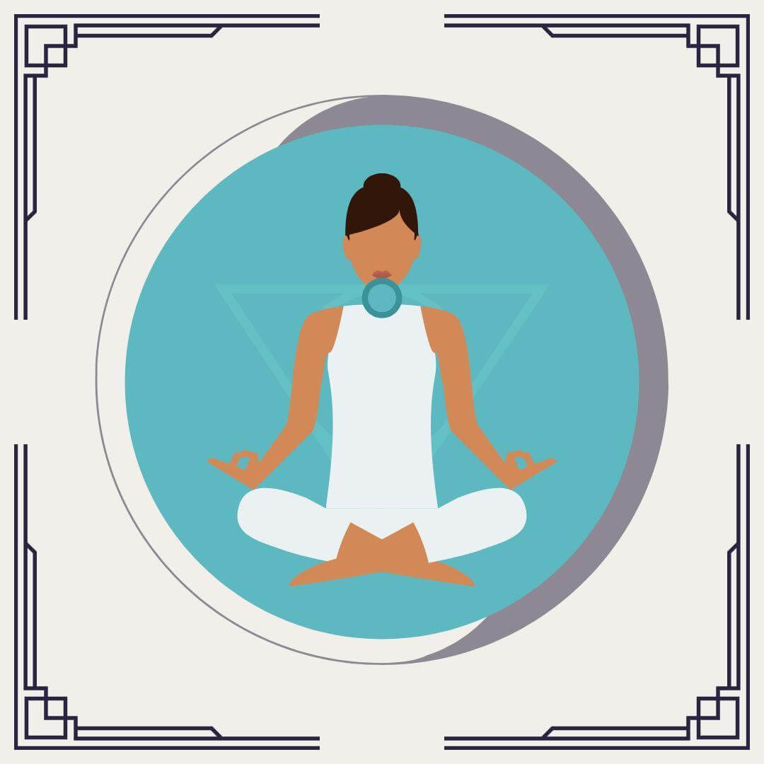 Woman meditating with throat chakra symbol for communication healing