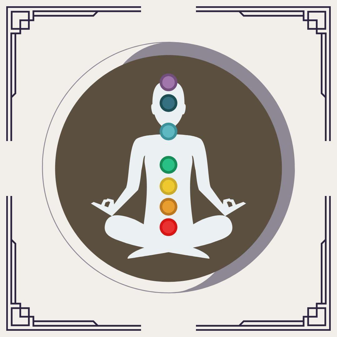 Meditating figure with aligned Universal Chakra Crystals in vibrant colors.