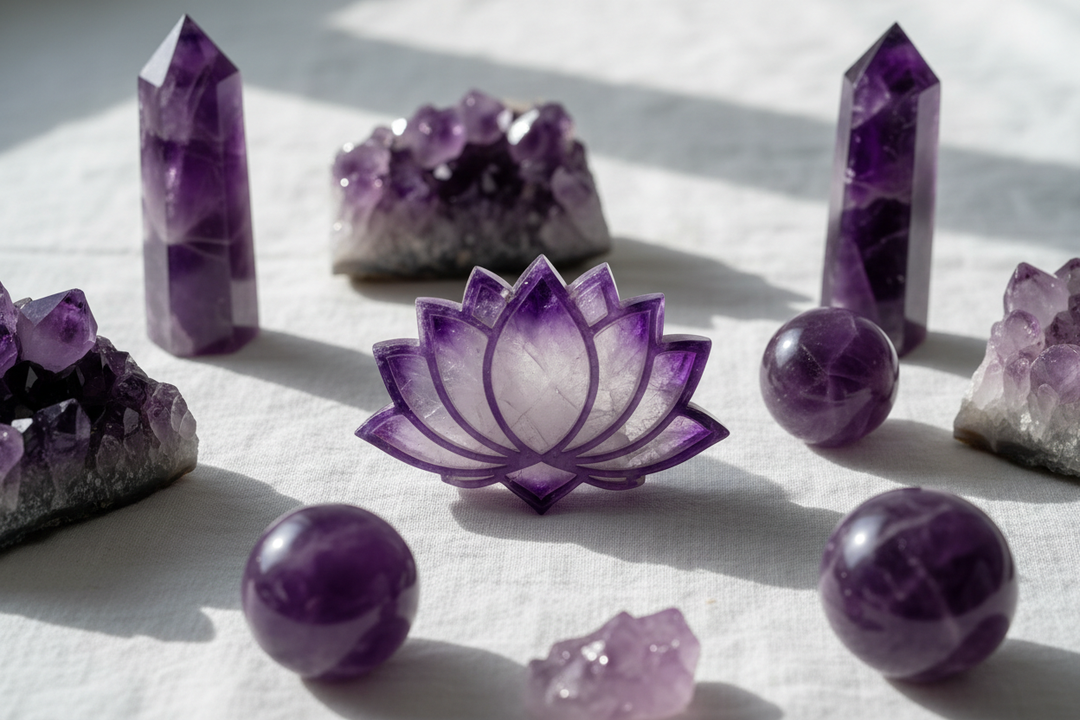 Crystal Destiny's Crown Chakra collection: clear quartz, amethyst heart, and labradorite for spiritual connection.