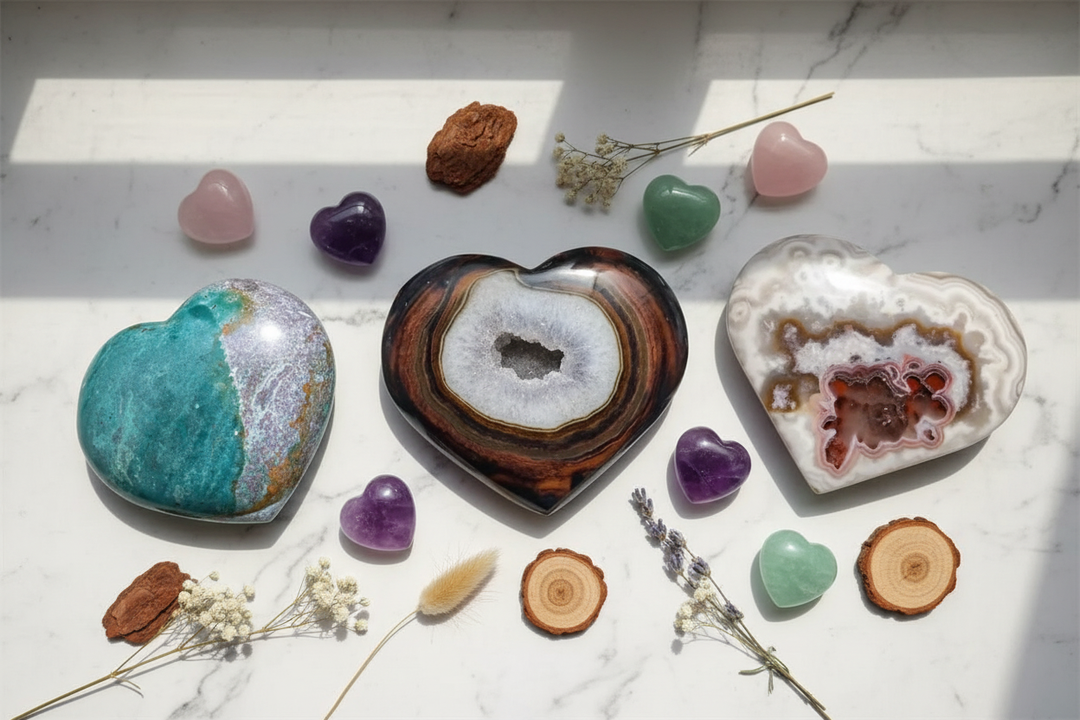 Crystal Hearts for Love, Healing & Emotional Balance from Crystal Destiny. Assorted polished heart-shaped crystals.