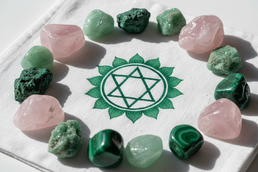 Heart Chakra Crystals by Crystal Destiny: Pink rose quartz sphere surrounded by various heart-shaped green and pink crystals.