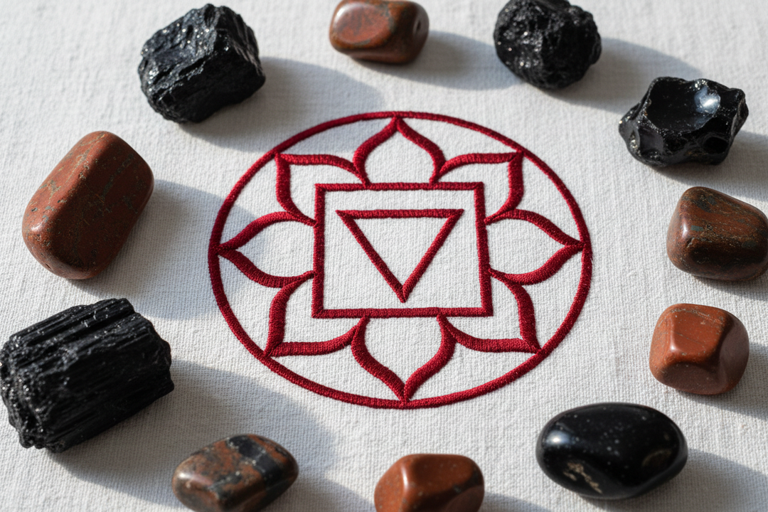 Root Chakra Crystals in a grid.