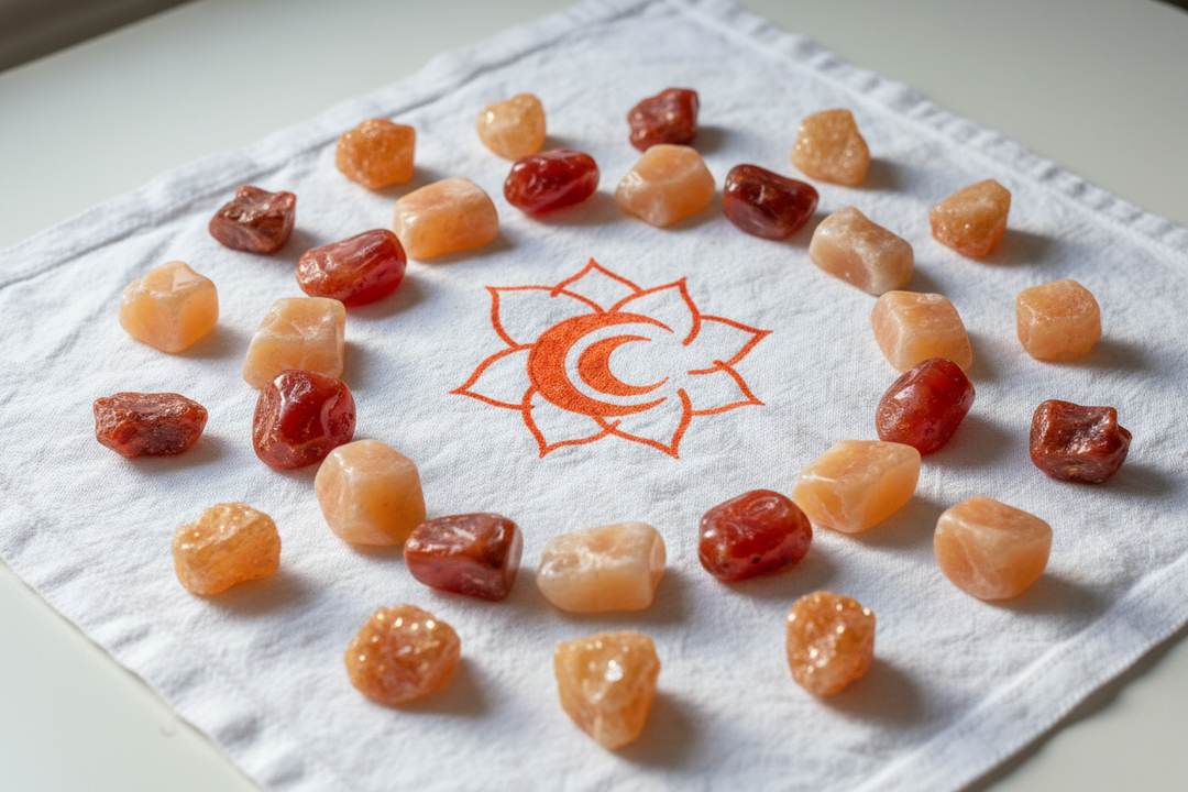 Sacral Chakra Crystals by Crystal Destiny: Rose quartz, obsidian, and kyanite spheres with carnelian tumbles.