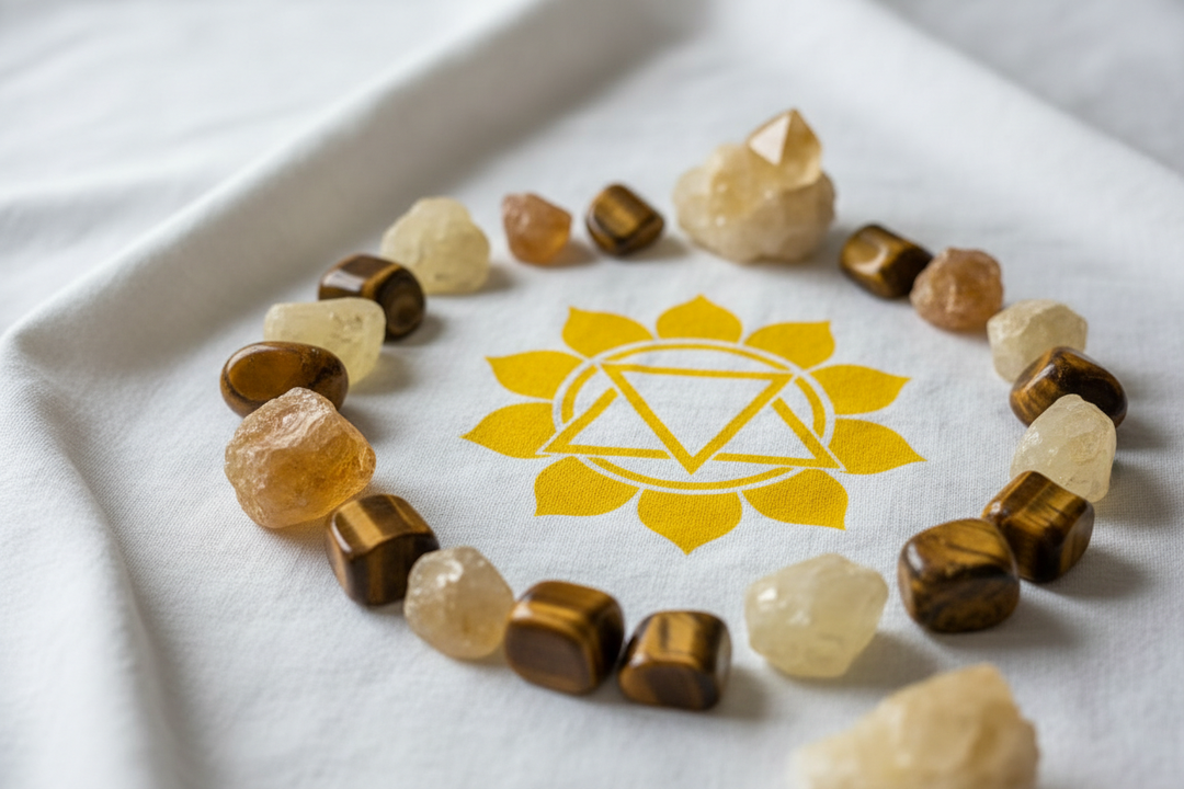 Crystal Destiny's Solar Plexus Chakra collection: yellow and brown crystals with a teal heart stone.