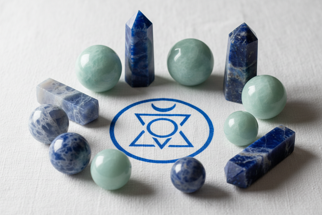 Throat Chakra Healing Crystals by Crystal Destiny: blue labradorite, sodalite, and lapis lazuli for clear communication.