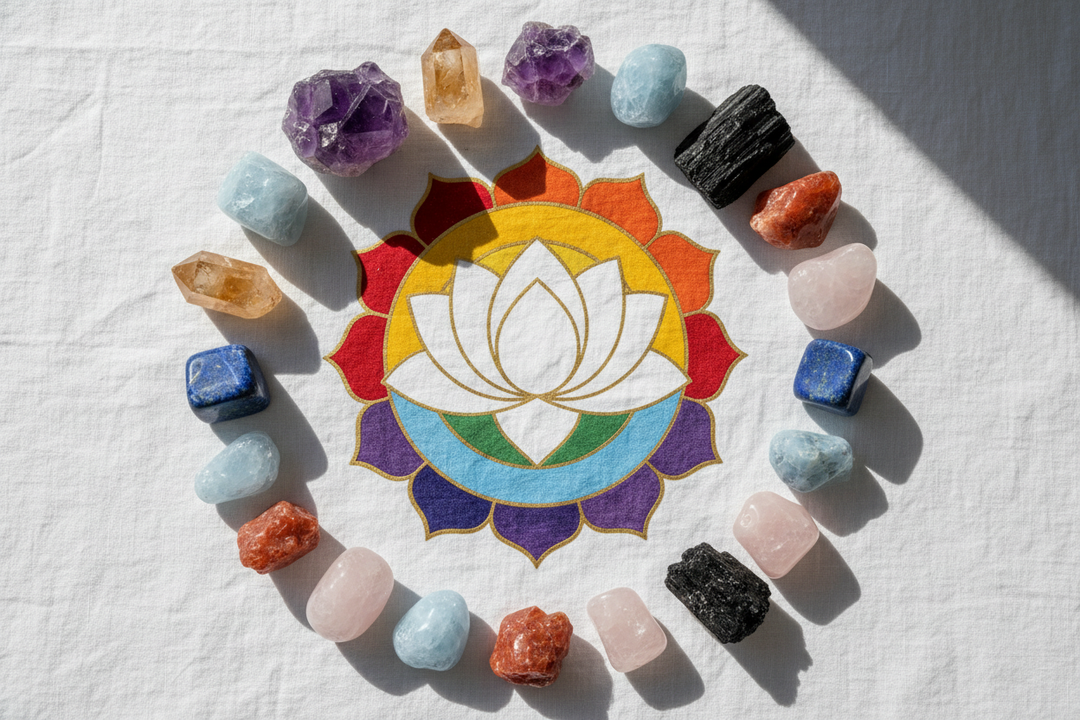 Universal Chakra Crystals by Crystal Destiny: colorful beaded bracelets, clear quartz wand on sand.