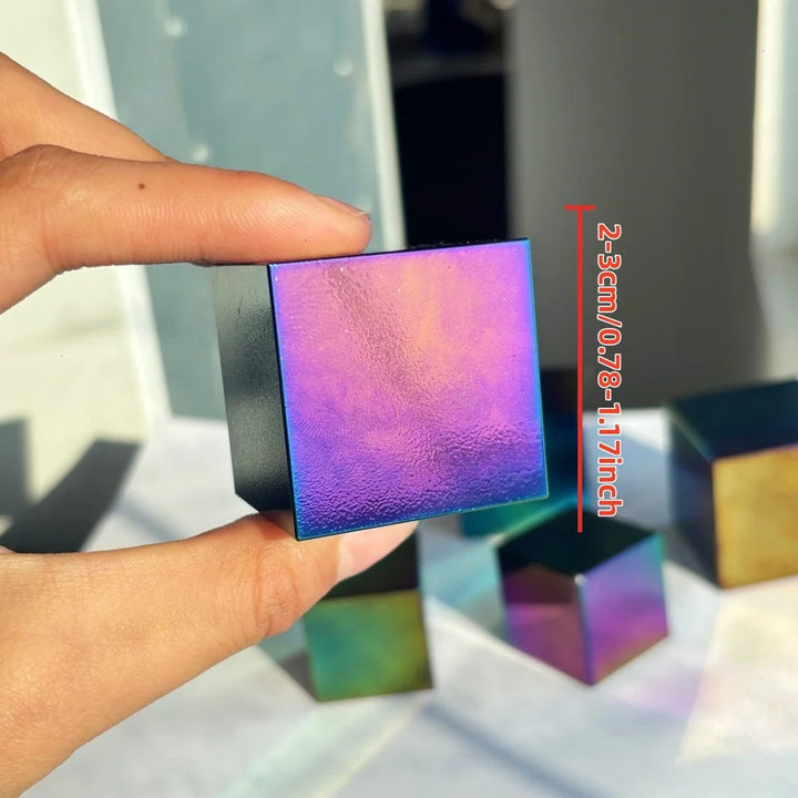 Polished 2-3cm natural obsidian cube with a vibrant iridescent finish, perfect for spiritual healing and boho decor.