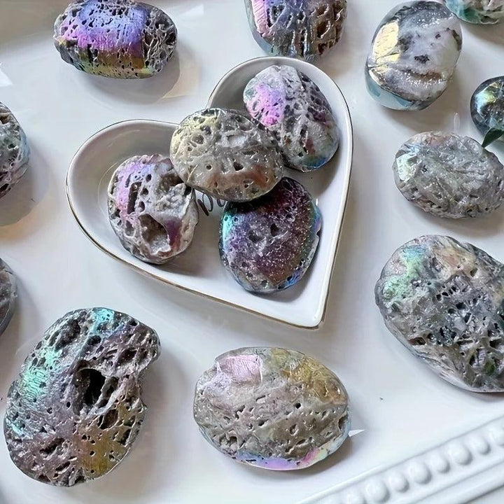 Iridescent Druzy Sphalerite Titanium Bubble Palm Stones with sparkling, colorful metallic sheen.