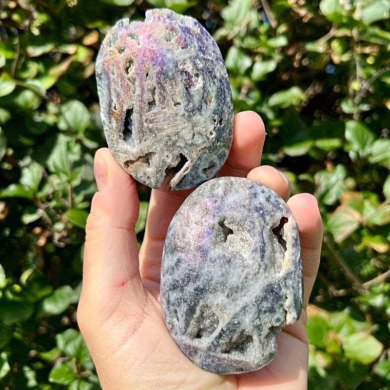 Sparkling Druzy Sphalerite Titanium Bubble Palm Stones with colorful, healing crystal pockets.