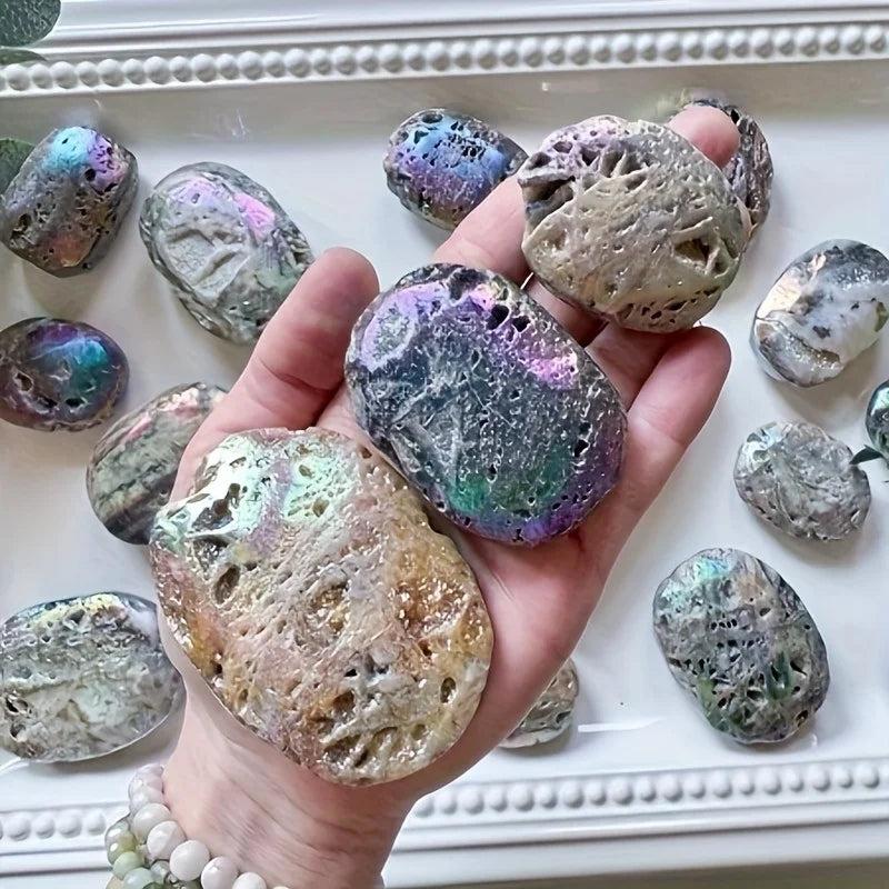 Iridescent Druzy Sphalerite Titanium Bubble Palm Stones with sparkling rainbow colors for healing.