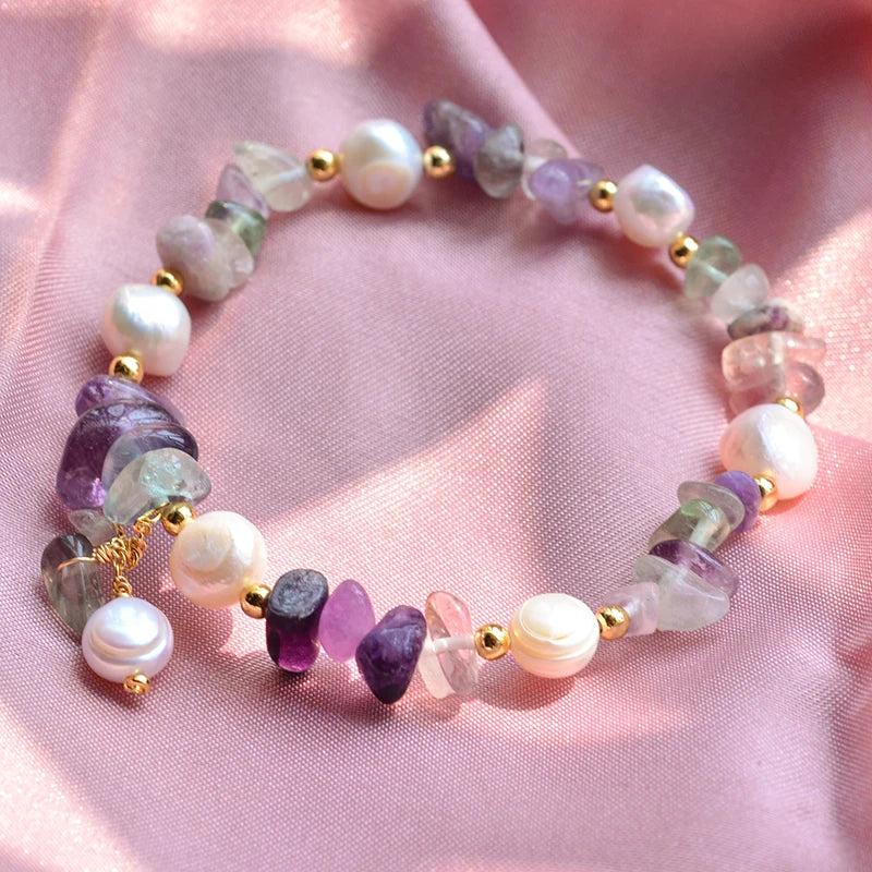 100% Natural Freshwater Pearl & Purple Crystal 14K Gold Filled Female Charm Bracelet, perfect for Christmas Gifts.